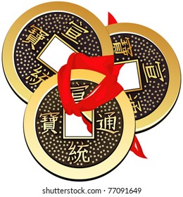 Vector Chinese coin tied with red ribbon. A square within a circle of ancient Chinese coins of the Tang Dynasty, copies of which are used in Fung Shui.