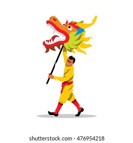 Vector Chinese dragon and man dancing in traditional festival sign. Cartoon Illustration. Boy with head of predator on the stick. Unusual Logo template isolated on a white background