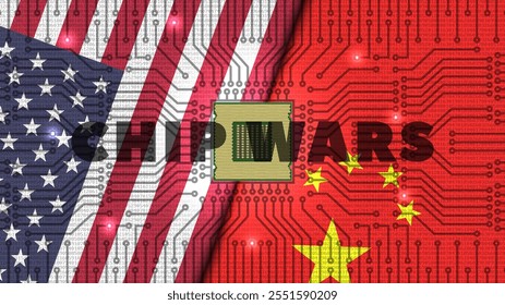 Vector Chinese flag and USA. Computer circuit. High tech chip wars. United States of America versus Republic of China. Digital trade confrontation. Political economic sanctions and embargo. Poster