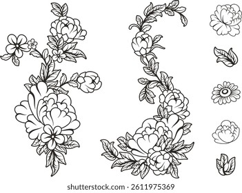 Vector Chinese floral ornamental doodle sets for spring, summer and wedding decorative designs, non-AI generated. Flowers, roses, daisies, garlands, wreaths, leaves, design elements. Romantic, bridal.