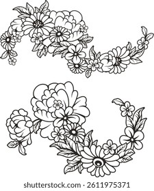 Vector Chinese floral ornamental doodle sets for spring, summer and wedding decorative designs, non-AI generated. Flowers, roses, daisies, garlands, wreaths, leaves, design elements. Romantic, bridal.
