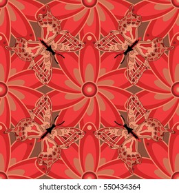 Vector chinese flower pattern. red. Butterflies.