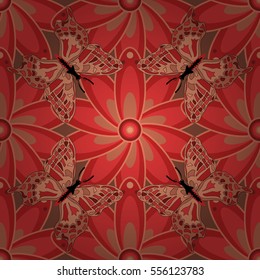 Vector chinese flower pattern. red. Butterflies. Radial gradient shadow.