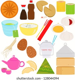 Vector of Chinese Food, Culture, mooncake, fortune cookie, dimsum, hot tea, porridge, chopsticks, zongzi, steamer, ginseng root. A set of cute and colorful icon collection isolated on white background