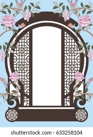 Vector Of Chinese Frame. Moon Gate, Chinese Door Style With Beautiful Flower On Blue Background.