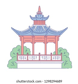 Vector Chinese gazebo building architectural landmark. Oriental architecture line art traditional historic national of China.