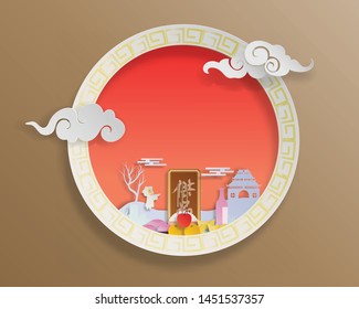 Vector chinese ghost festival paper cut. incense a candle in a pot, peach, joss money, and a paper boat with a candle.