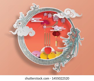 Vector Chinese Ghost Festival paper cut style. Dragon circle Chinese offerings, Joss paper and Ghost Money on red background.