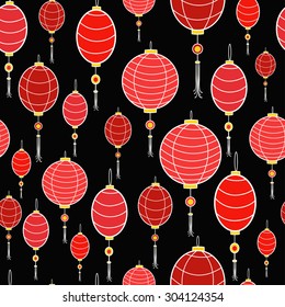 Vector chinese hanging lanterns. Good for banners, scrap booking, textile, paper, brochures etc. Seamless pattern. Red lanterns with black background