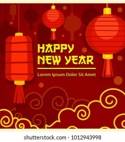 vector chinese happy new year social media banner template with lampion lantern illustration in fun golden red abstract design
