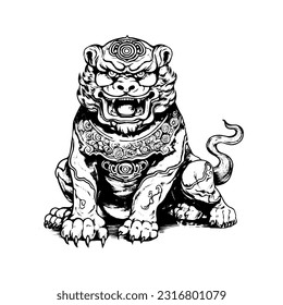 Vector chinese Imperial lion statue. Vintage Old Antique lion carving engraving isolated on white background