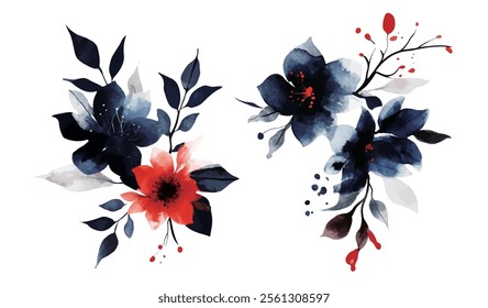 Vector Chinese ink flowers illustration. watercolor  flowers, leaves, red roses, rosettes. Cards, invitations, decorations, garlands. Wedding, Mother's Day, Valentine's Day