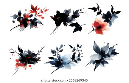 Vector Chinese ink flowers illustration. watercolor  flowers, leaves, red roses, rosettes. Cards, invitations, decorations, garlands. Wedding, Mother's Day, Valentine's Day