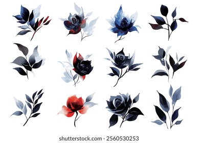 Vector Chinese ink rose illustration. Blue rose flowers, leaves, red roses, rosettes. Cards, invitations, decorations, garlands. Wedding, Mother's Day, Valentine's Day