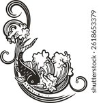 Vector Chinese koi fish ornamental design with wave background, non-AI generated. Asian luxury traditional fish illustration for greeting cards, Chinese New Year designs, calendars, logos, signs.