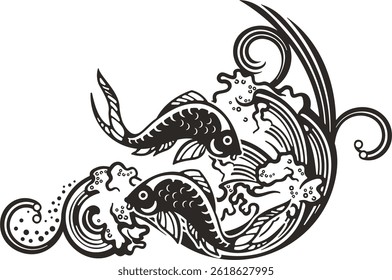 Vector Chinese koi fish ornamental design with waves, non-AI generated. Asian luxury traditional fish illustration for greeting cards, Chinese New Year designs, logos. Double fish symbol of happiness.