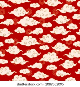 Vector Chinese, Korean or Japanese Traditional Line Drawing Cloud Seamless Pattern.