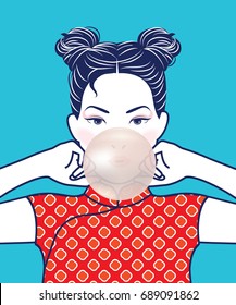 Vector Chinese Lady blowing pink bubble gum. Fashion portrait.