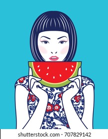 Vector Of Chinese Lady In Retro Style Eat Watermelon.