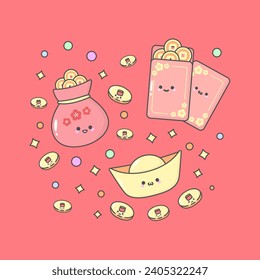 Vector Chinese Lunar New Year Money Gold with cute facial expressions and pastel colour