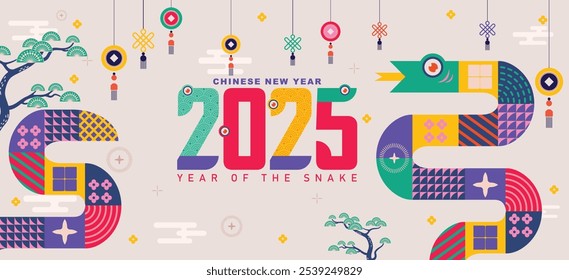 vector of chinese new year 2025, year of the snake background with modern flat concept