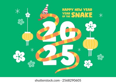 vector chinese new year 2025 year of snake, Traditional and modern design, card and background, Lunar new year 2025, snake cartoon character design