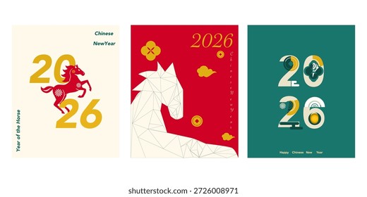 Vetor Chinês Ano Novo 2026 calendário modelo de design vermelho ouro e verde para cartões, cartazes, resumo. Festa de Banners Ano novo lunar para novo começo e planejamento de metas. Ano padrão do cavalo