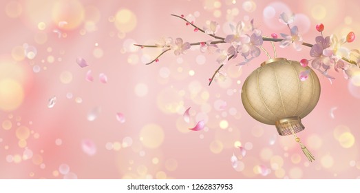 Vector Chinese New Year background with spring plum blossom and hanging silk lantern. Blossoming branch in springtime with flying petals