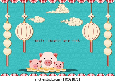 vector of chinese new year background with lantern clouds gold and pigs ornament