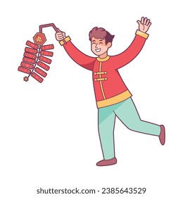 Vector Chinese New Year Boy Firecracker Illustration Isolated