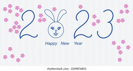 Vector of  chinese New Year  card ,banner with namber 2023,rabbit and sukura flowers.Water wave background.Space for text