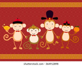 Vector for Chinese new year card. Year of the monkey with four cute chinese character of monkeys hold gold money and orange that mean richness and lucky.