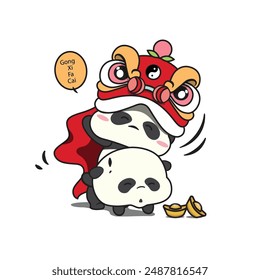 Vector del año nuevo chino. Lindo bebé panda jugando baile de león.