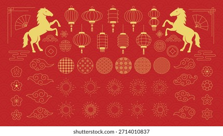 Vetor chinês Ano Novo conjunto de elementos decorativos. Ícones e símbolos asiáticos tradicionais isolados em fundo vermelho. Lanternas, nuvens, ornamentos, flores ícones para celebração, cartaz, banner design