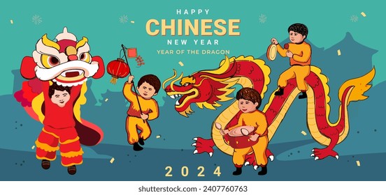 vector chinese new year with Dragon dance parade illustration