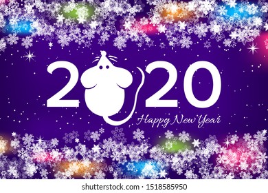 Vector Chinese New year greeting card with hand drawn mouse within frame on snowflakes on colorful winter pattern, illustration for Christmas and new year design, symbol of 2020 in Chinese calendar
