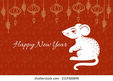 Vector Chinese New year greeting card with hand drawn mouse and chinese style flash light and motives pattern on red, illustration for Christmas and new year design, symbol of 2020 in Chinese calendar
