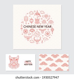 Vector Chinese New year greeting card with circle ornament made with line icon. Year of ox, thin line icons isolated on white background