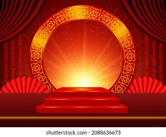 Vector Chinese new year illustration with stage pedestal, asian elements, curtains and bamboo on the red shine background