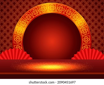 Vector Chinese new year illustration with stage, asian elements and fans on red shine background