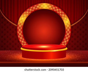 Vector Chinese new year illustration with stage and asian elements on red shine background