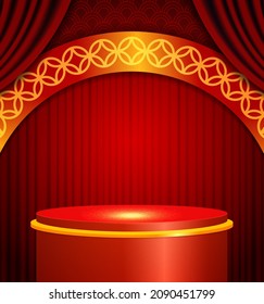 Vector Chinese new year illustration with stage pedestal, asian elements and curtains on red shine background