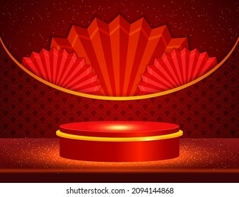 Vector Chinese new year illustration with stage and asian elements on red shine background