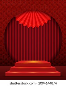 Vector Chinese new year illustration with stage and asian elements on red ornament background