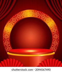 Vector Chinese new year illustration with stage pedestal and asian elements on red shine background