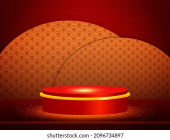 Ilustración vectorial del año nuevo chino con escenario redondo y elementos asiáticos sobre fondo de ornamento rojo