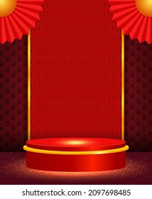 Vector Chinese new year illustration with stage and asian elements on red ornament background