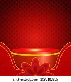 Vector Chinese new year illustration with stage pedestal and asian elements on the red shine background