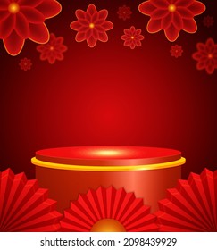 Vector Chinese new year illustration with stage pedestal and asian elements on the red shine background