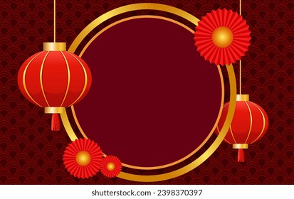 Vector Chinese new year illustration red ornament background with asian elements, lanterns and round banner